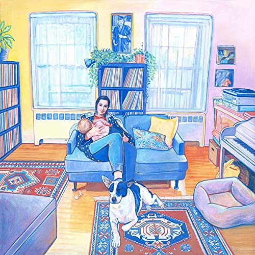 Painted album cover depicting a woman holding a baby on a blue couch.