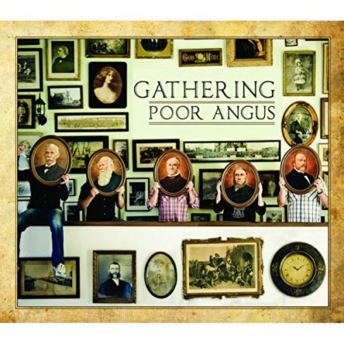 The alt text for the image is: "Album cover with five men holding portraits in a gallery."