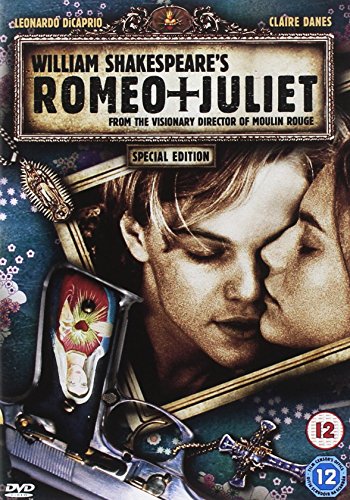 "DVD cover for Romeo + Juliet, featuring a tender moment between the two leads."