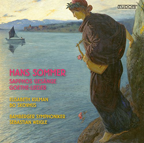 "CD cover featuring a painting of a woman playing a lyre by water."