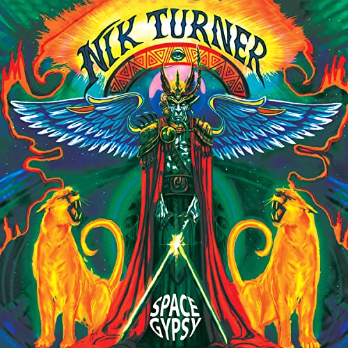 Album cover for Nik Turner’s “Space Gypsy” featuring a winged figure and lions.