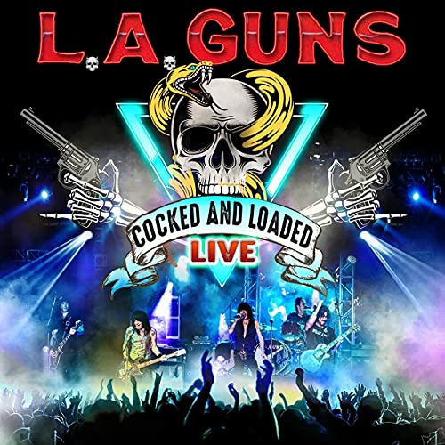 L.A. Guns album cover: skull, snakes, guns, and a live band with crowd.