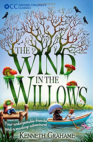 "The Wind in the Willows" book cover featuring cartoon animals in a boat by a tree.