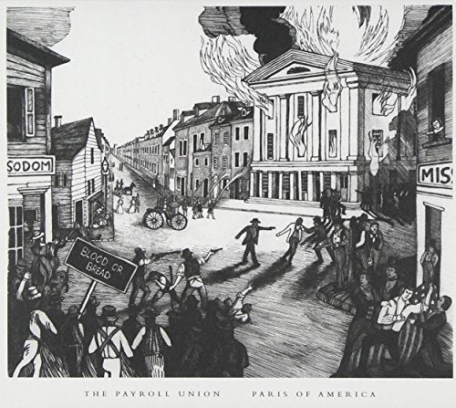 Black and white illustration of a 19th-century city riot scene.