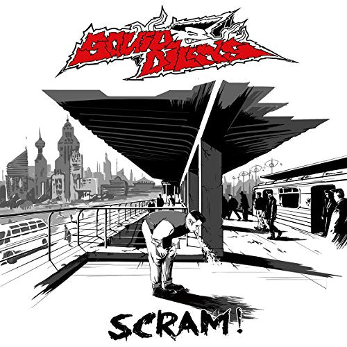 CD cover for “Squidbillys - Scram!” with sketched city and train station scene.