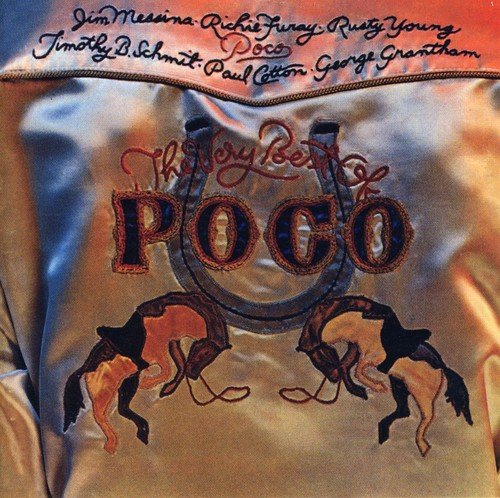 "CD cover with embroidered horses and 'POCO' text on satin background."