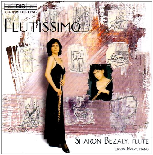 "CD cover with a woman holding a flute, abstract background, and text."