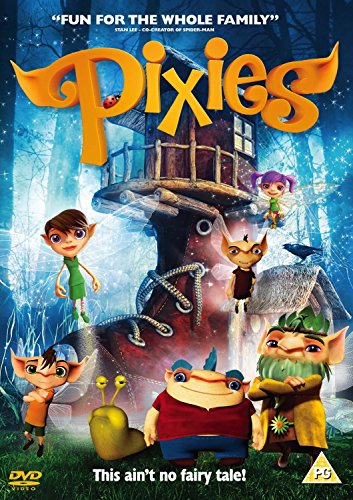 DVD cover for "Pixies" featuring cartoon characters around a house on a giant snail.