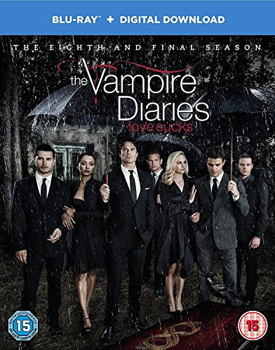 "Blu-ray cover featuring main characters from 'The Vampire Diaries' in dark attire."