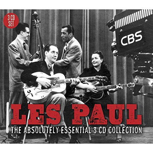 "CD cover with black and white photo of Les Paul and band, red and white text."