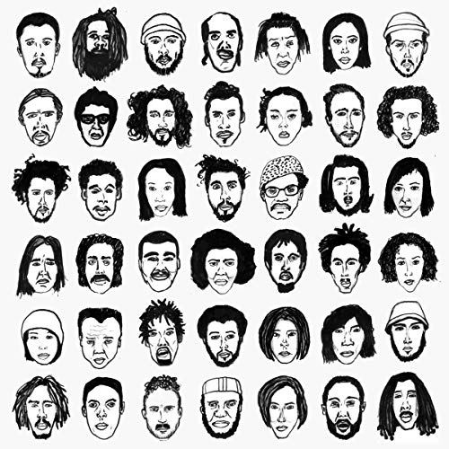 "Black and white illustration of 32 diverse faces on a white background."