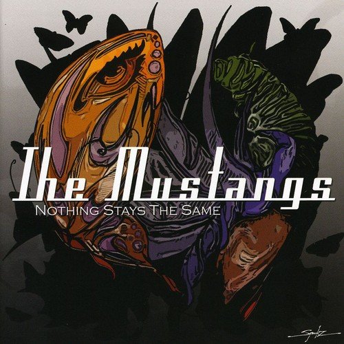 "Album cover for 'The Mustangs - Nothing Stays The Same' with abstract, colorful insect illustrations."