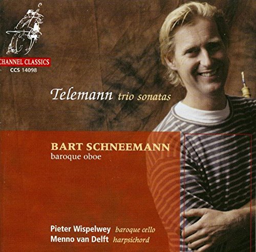 "CD cover featuring a man holding an oboe, with red and brown background."