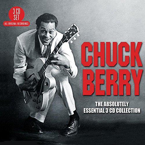 "Chuck Berry crouches, holding a guitar, on a 3-CD collection album cover."