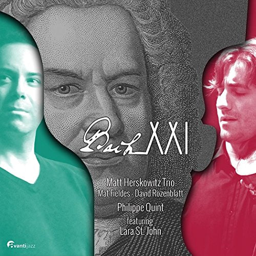 "Album cover with two men's portraits and a black and white Bach portrait."