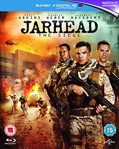 "Blu-ray cover for 'Jarhead: The Siege' featuring three armed soldiers in combat gear."