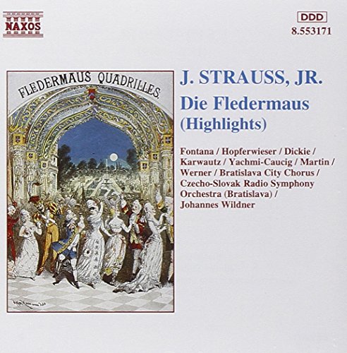 CD cover for Johann Strauss II's "Die Fledermaus (Highlights)" with ornate arch.