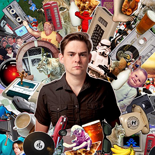 Man in brown shirt surrounded by collage of various images and objects.
