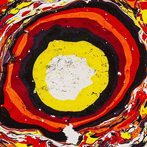 "Abstract album cover with vibrant, swirling red, orange, yellow, and black paint."