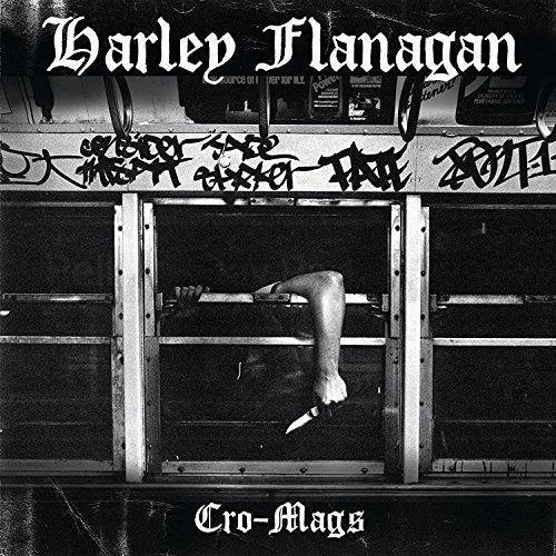 Black and white album cover featuring a person with a knife on a subway.