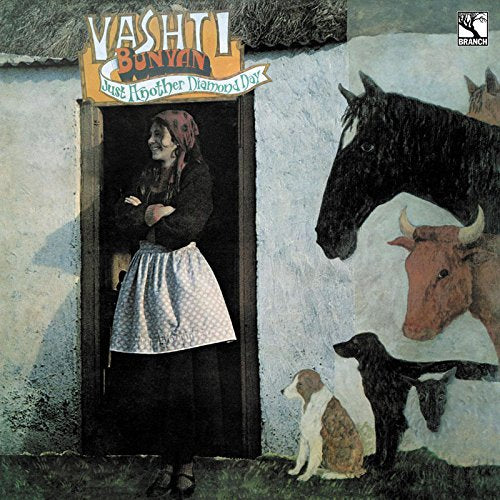 "Album cover featuring a woman in a doorway with a horse, cow, and dog."