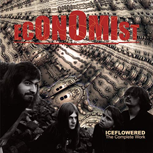 Album cover for Economist’s “Iceflowered” featuring band members and abstract art.