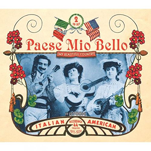 "Vintage CD cover with three musicians and Italian-American flags, ornate floral design."