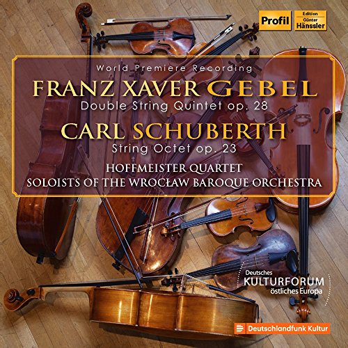 CD cover featuring stringed instruments and composers Gebel and Schuberth.