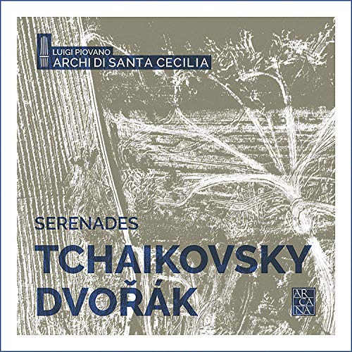 CD cover with abstract tree design, text "Tchaikovsky Dvorak Serenades" in blue on olive background.