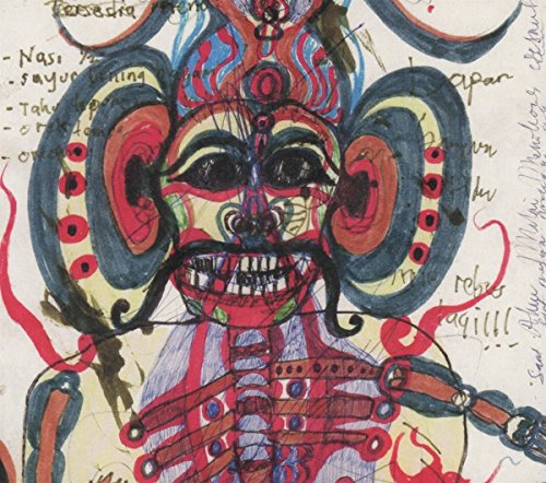 A colorful, abstract drawing of a face with large ears and sharp teeth.
