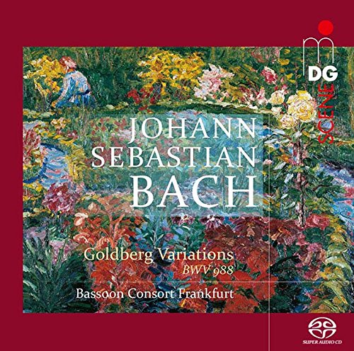 "Album cover with maroon border, floral painting, and white text featuring Johann Sebastian Bach."