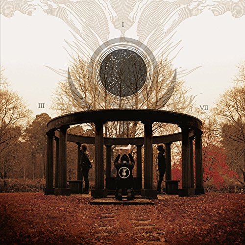 Album cover with a circular design, gazebo, and three figures in a park.