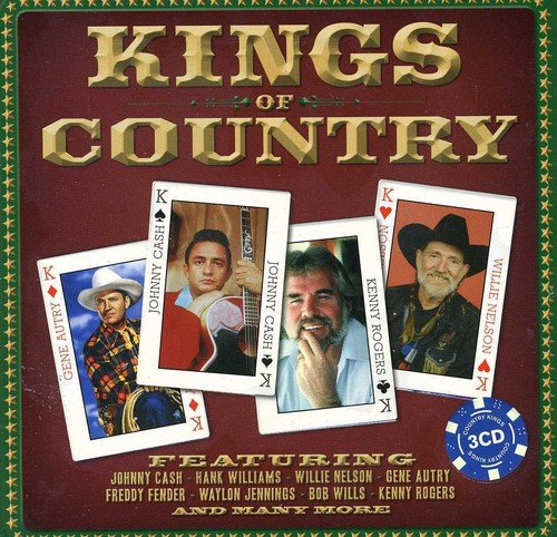 "Red album cover with 'KINGS of COUNTRY' title and three playing cards featuring country musicians."