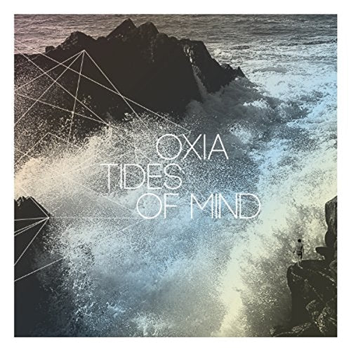 "Oxia - Tides Of Mind" CD cover featuring a rocky coastline with crashing waves and geometric lines.