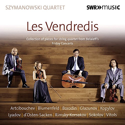 "CD cover featuring the Szymanowski Quartet members seated on wooden steps with instruments."