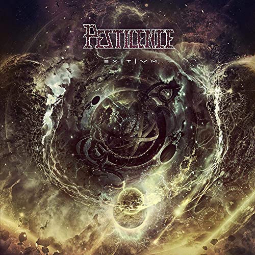 Dark, swirling cosmic artwork with band name "Pestilence" and album title "Exitivm".