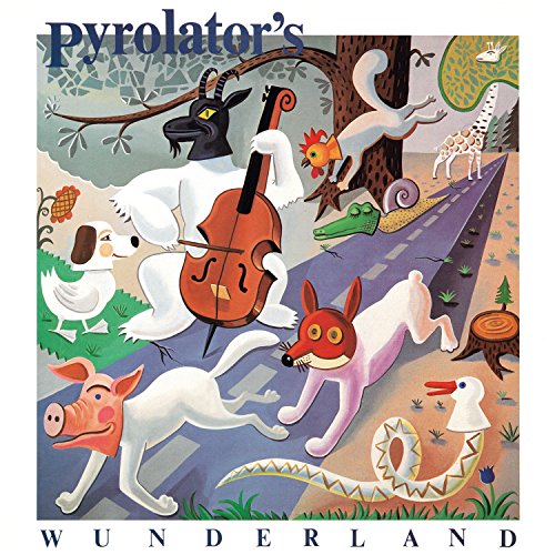 "Vinyl album cover with whimsical illustration of animals on a road."