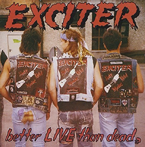 "Album cover featuring three men with 'Exciter' denim jackets, standing together."