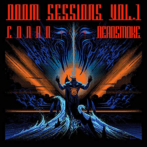 "Album cover art featuring a horned figure with blue and orange abstract background."