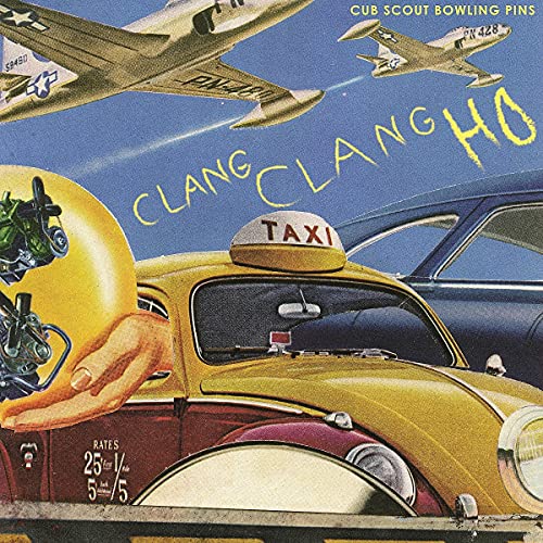 CD cover: vintage illustration of planes, taxi, and bowling pin.