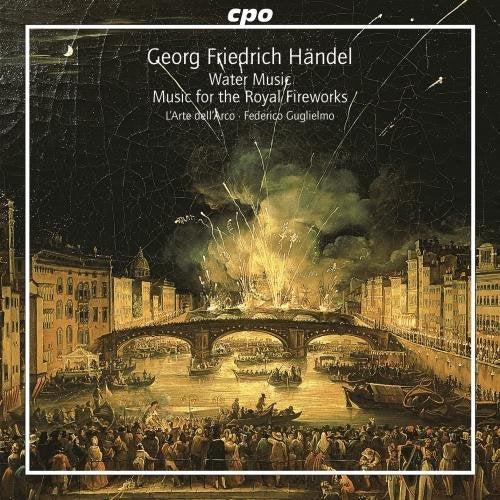 "CD cover with a painting of a fireworks display over a river at night."