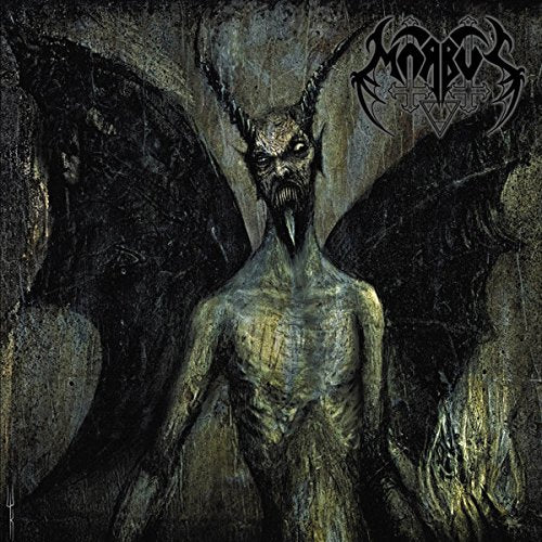 Demonic figure with horns and wings on a dark album cover.