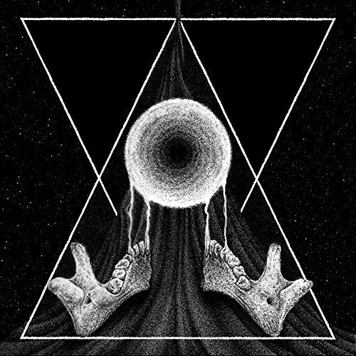 Black and white illustration of a moon with jaws below, framed by triangles.