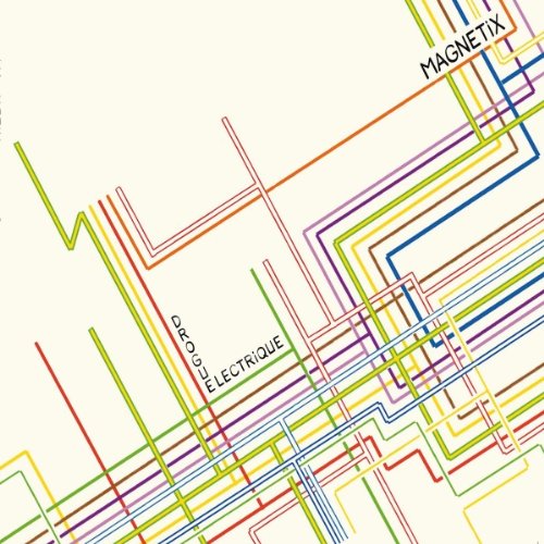 The image shows a vinyl record cover with multicolored lines on a beige background.