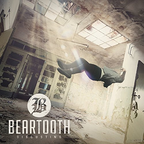 "Album cover art: man floating in a grimy, abandoned room with 'Beartooth Disgusting' text."