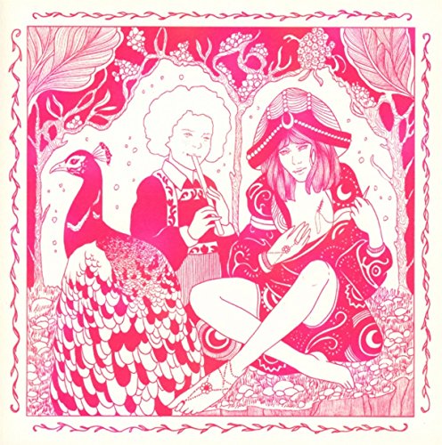 Pink illustration of two figures with peacocks in a detailed, ornate style.