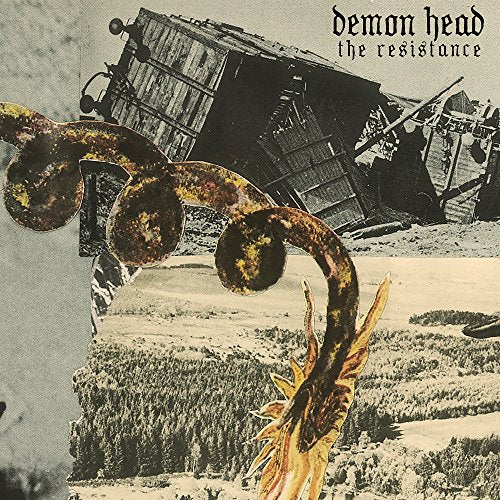 "Album cover with a sepia-toned image of a destroyed wooden structure and a plant."