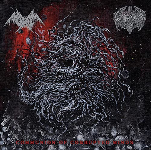 Dark album cover with swirling, grotesque imagery and band logos.