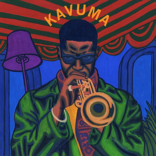"Album cover: man playing trumpet, wearing green jacket and sunglasses, blue background."