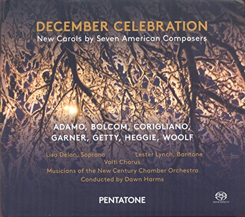 "CD cover with tree branches and full moon, titled 'December Celebration'."